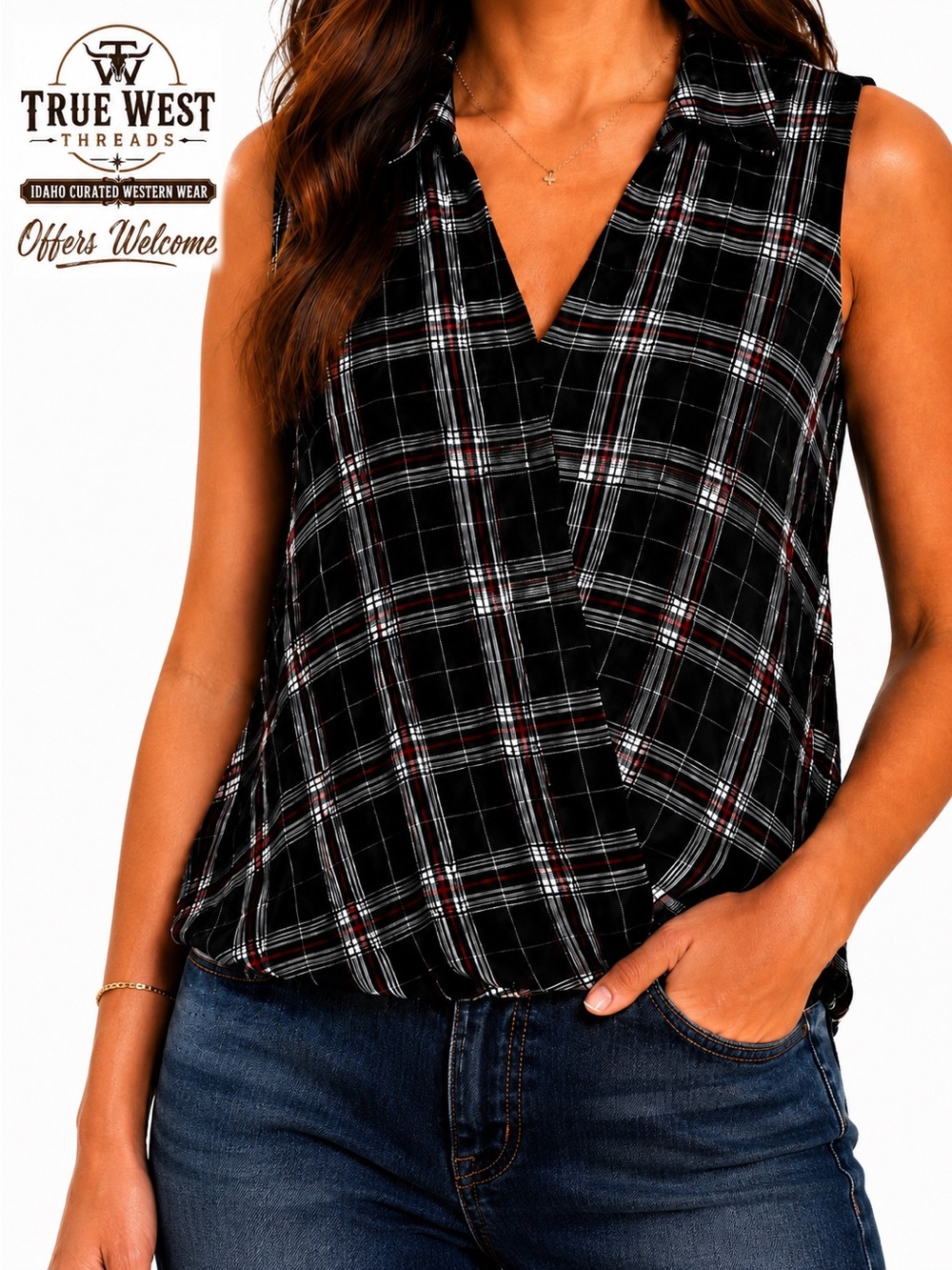 Rock & Republic Women’s Sleeveless Plaid Blouse Black Red White Rayon Size Small